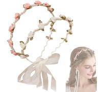 2 Stücke Rose Blumenkranz Haarband, Rosa & Beige Haarreif für Damen - mit Perlen Verzierung & Kleinen Rosen, passend zu Dirndl, für Partys, Feste, Hochzeiten & Reisen