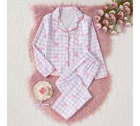 2 Stücke Schlafanzug Set für Tween Mädchen, süßer Schmetterlings- und Karomuster Langbeinige Hose & Langarm Strickjacke