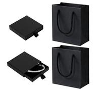 2 Stücke Schmuckgeschenkset, 10 x 10 x 2 cm kleine Geschenkbox und Geschenktüten - geeignet für Ohrringe, Ringe, Halsketten(Schwarz)
