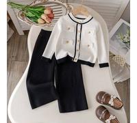2 Stücke Set: 1 Stück Mädchen einfarbige Strick-Strickjacke mit Fake-Tasche und 1 Stück einfarbige Strick-Hose, geeignet für Alltag, Urlaub, Frühling,