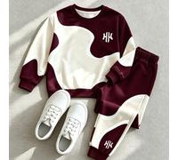 2 Stücke Set aus Sweatshirt mit Rundhalsausschnitt und Jogginghose für Kleine Jungen, cooles grafisches und personalisiertes geometrisches Modedruck,