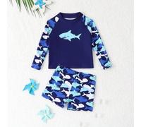 2 Stücke/Set Baby Jungen Badeanzug, süßer Cartoon Hai Muster Farbblock langärmeliger Strick Top und separate Badeshorts Schwimmset