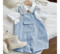 2 Stücke/Set Baby Jungen/Mädchen bequemer, vielseitiger, süßer weißer Kurzarm-Shirt und gestreifter Hosenträger-Shorts Romper Set, geeignet für Innen,