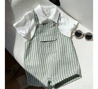 2 Stücke/Set Baby Jungen/Mädchen bequemer, vielseitiger, süßer weißer Kurzarm-Shirt und gestreifter Hosenträger-Shorts Romper Set, geeignet für Innen,