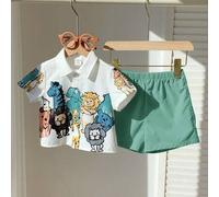 2 Stücke/Set Baby Jungen/Mädchen süßes Cartoon-Muster Kurzarm-Shirt und Shorts mit elastischem Bund in Khaki, Sommer