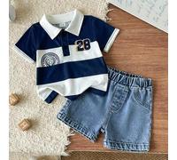 2 Stücke Set Baby Jungen Outfit Neugeborene Kleinkinder Jungen Sommer Marineblau und Weiß gestreiftes Polohemd & Jeans Shorts Set Lässig Schulanfang P