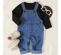 2 Stücke/Set Baby Jungen/Unisex modische hellblaue Jeans-Latzhose mit Taschen & weißes Langarm T-Shirt Outfit, geeignet für Frühling, Herbst, Lässig b