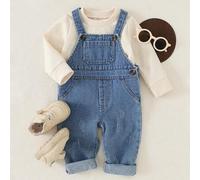 2 Stücke/Set Baby Jungen/Unisex modische hellblaue Jeans-Latzhose mit Taschen & weißes Langarm T-Shirt Outfit, geeignet für Frühling, Herbst, Lässig B
