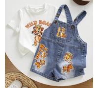 2 Stücke/Set Baby Jungen/Unisex Sommer lässig Löwen Grafik Strick weiß Kurzarm T-Shirt und Cartoon Löwen Jeans Latzhose Romper Set