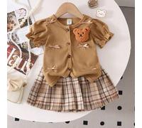 2 Stücke/Set Baby Mädchen Cartoon Bär Deko Strickjacke & karierter plissierter Rock Outfit, Sommer
