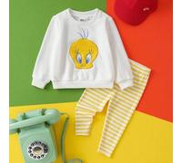 2 Stücke Set Baby Mädchen Cartoon Stickerei Sweatshirt mit Rundhalsausschnitt und gelb-weiß gestreifter bedruckter Leggings, geeignet für Herbst/Winte