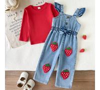 2 Stücke Set Baby Mädchen Frühling/Herbst süßes Erdbeer Outfit, rotes geripptes Rundhals Langarm Oberteil, kombiniert mit gewaschenen blauen Denim Lat