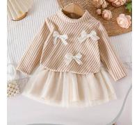 2 Stücke/Set Baby Mädchen gerippter Rollkragenpullover mit 3D Schleife Dekor & Tüllrock Outfit, süß, niedlich, elegant, Mode für Baby Mädchen im Herbs