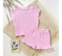 2 Stücke/Set Baby Mädchen Kleinkind Frühling/Sommer Lässig Alltag Urlaub Strukturierte Strick Schwarz & Weiß gestreifte Rüschen Ärmel Rundhals T-Shirt
