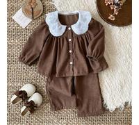 2 Stücke/Set Baby Mädchen Neugeborene 0-3 Jahre Lässiger Alltags Landstil Gestrickter Rüschenkragen Cord Khaki Outfit Set, Herbst/Winter 2 Teiliges Se