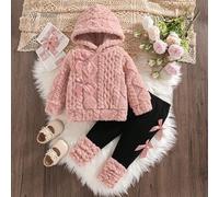 2 Stücke/Set Baby Mädchen Winter Neu Plüsch Weizenähren Stickerei Langarm Kapuzen Sweatshirt mit Schleife Deko & Slim Fit Hose mit Fellbesatz, Lässige