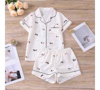 2 Stücke/Set bedruckter Damen Pyjama, leichter Bubble Crêpe Kurzarm Kardiganoberteil und weite Shorts, Lässig Nachtwäsche und Loungewear Set, geeignet