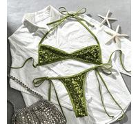 2 Stücke Set Bikini für Frühling/Sommer Strandurlaub mit Pailletten-Strukturstoff, Neckholder-Bandeau-Top und seitlich gebundenem String-Tanga