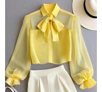 2 Stücke/Set Damen elegante Bluse mit geknoteter Kragen und Rüschenärmeln aus Mesh Stoff kombiniert mit gefalteten plissierte Shorts, für Frühling/Som