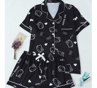2 Stücke/Set Damen Frühling/Sommer Sanrio Hello Kitty bedruckter Polokragen Kurzarm Knopf Taschen Top und Schleife Shorts Pyjama Set, geeignet für Hom