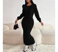 2 Stücke/Set Damen Lässig Kapuzen-Reißverschlussjacke mit geraffter Taille & elastischem Rücken Strickkleid, thermisch gefüttert, für Herbst & Winter