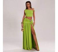 2 Stücke/Set Damen Urlaubs Lässig einfarbig grünes Crop Top, Off-shoulder und geraffter Taille mit Metalldekor, gespaltener Saum Rock, grüner Outfit,