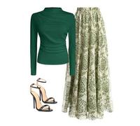 2 Stücke/Set: Figurbetontes Langarm T-Shirt mit stehendem Kragen + bedruckter gemusterter Rock