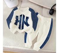 2 Stücke Set für Baby Jungen mit lässigem bedrucktem Buchstabenmuster, Rundhalsausschnitt, Fleece-Langarm-Sweatshirt und passender Fleece-Jogginghose,