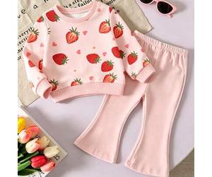 2 Stücke Set für Kleine Mädchen, süßes niedliches Erdbeer-Fruchtmuster, Urlaubsstil, bedrucktes Sweatshirt mit Rundhalsausschnitt und langen Ärmeln, H