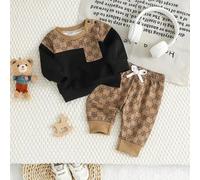 2 Stücke Set für Neugeborene Jungen: Lässiges, hochwertiges, gemustertes Patchwork-Sweatshirt in Schwarz mit Rundhalsausschnitt, Tasche und elastische