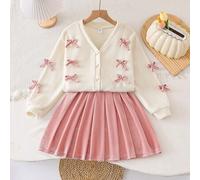 2 Stücke Set für Tween Mädchen: Rosa Samt-Cardigan mit Schleife und Faltenrock, Winteroutfit für Neujahr