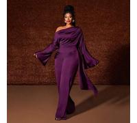 2 Stücke/Set Große Größen lila schräge Schulter anliegende Jumpsuit mit fließender Hose, Herbst