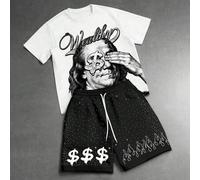 2 Stücke/Set Herren Schwarz & Weiß Kontrast Franklin Dollar Muster Kurzarm T-Shirt + Shorts, Casual Street Style Sommer Urlaub Party Outfit