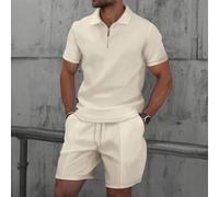 2 Stücke/Set Herren Waffelpique Klassisches Poloshirt mit Reißverschlusskragen und kurzen Ärmeln + Shorts, Sommer Lässig Mode Resort Strandoutfit