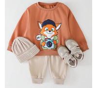 2 Stücke/Set Jungen Cartoon Fuchs Muster Strick Weicher Rundhals Langarm Pullover und Elastischer Taille Lange Hose