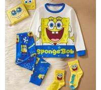 2 Stücke/Set Jungen Cartoon Muster Kontrastbesatz Strick Rundhals Langarm Top und enge Hose Pyjama Set