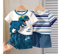 2 Stücke/Set Jungen Casual Süß Cartoon Tier, Dinosaurier, klassisch gestreift, bunt gestreift bedrucktes T-Shirt mit Rundhalsausschnitt und kurze Hose
