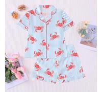 2 Stücke/Set Kinder Krebs Strickjacke Kragen Pyjamas, Sommer Kurzarm Outfit - Blau gestreift Cartoon dünn AC Homewear für Jungen & Mädchen; 2 Stücke/S