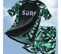 2 Stücke/Set Kinder Tween Jungen Lässig Vielseitiger Bedruckter Rashguard Kurzarm & Badeshorts, Badeanzug Set