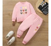 2 Stücke Set, Kleine Mädchen Herz-Muster Sweatshirt mit Rundhalsausschnitt und Hose mit Bündchen, Lässig, Herbst