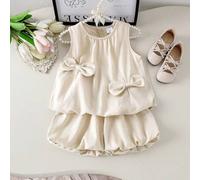 2 Stücke/Set Kleine Mädchen lässiges, süßes Schleifendekor ärmelloses Top und gerüschte Shorts Set, Sommer