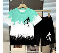 2 Stücke/Set Kleinkind Jungen Farbverlauf Athleten Grafik Rundhals Kurzarm T-Shirt und Shorts Set, lässig stylisch, witziges Muster, Sommer Outdoor Sp