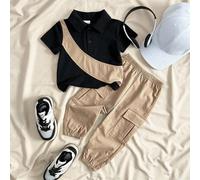 2 Stücke/Set Kleinkind Jungen Lässiges Patchwork Polo Shirt mit Kurzarm & Grüne Cargohose mit Gummibund, geeignet für Outdoor-Sport, lässige Unternehm