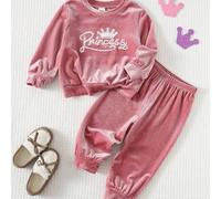 2 Stücke/Set Kleinkind Mädchen Buchstaben Krone Stickerei Samt Rundhals Langarm Sweatshirt und Hose mit elastischem Bund, bequem, vielseitig, modisch,
