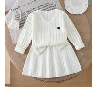 2 Stücke/Set Kleinkind Mädchen Mode V-Ausschnitt Vintage Zopfstrick Pullover Top mit Schwarz Pferd Stickerei, passend zu gestricktem Rock, lässiger sp