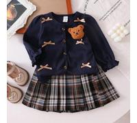 2 Stücke/Set Mädchen Frühling/Herbst Neue Cartoon Nette 3D Bär Strickjacke Top + Plaid Faltenrock, baby Mädchen Outfit