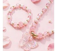 2 Stücke/Set Mädchen süße Prinzessin bunte Kristall Perle Schmetterling Schmuckset, beinhaltet Halskette & Armband, geeignet für Mädchen Alltagstragen