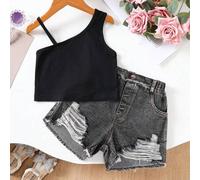 2 Stücke Set: Mädchen Tank Top aus Feinstrick in Einfarbig und Denim Shorts, College-Stil, Rückkehr zur Schule, Schul-Alltag.