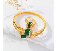 2 Stücke/Set Mode Cubic Zirkonia Armband Schmuckset, grünes Tropfen Set geschmückt mit kupferfarbenen goldenen Armbändern und Ringen die sich öffnen l
