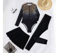 2 Stücke/Set Neuer Mehrfarbiger Gemusterter Badeanzug & Schwarze Shorts & Mini Rock, Lässige Strand Party Urlaubs Badebekleidung für Frauen